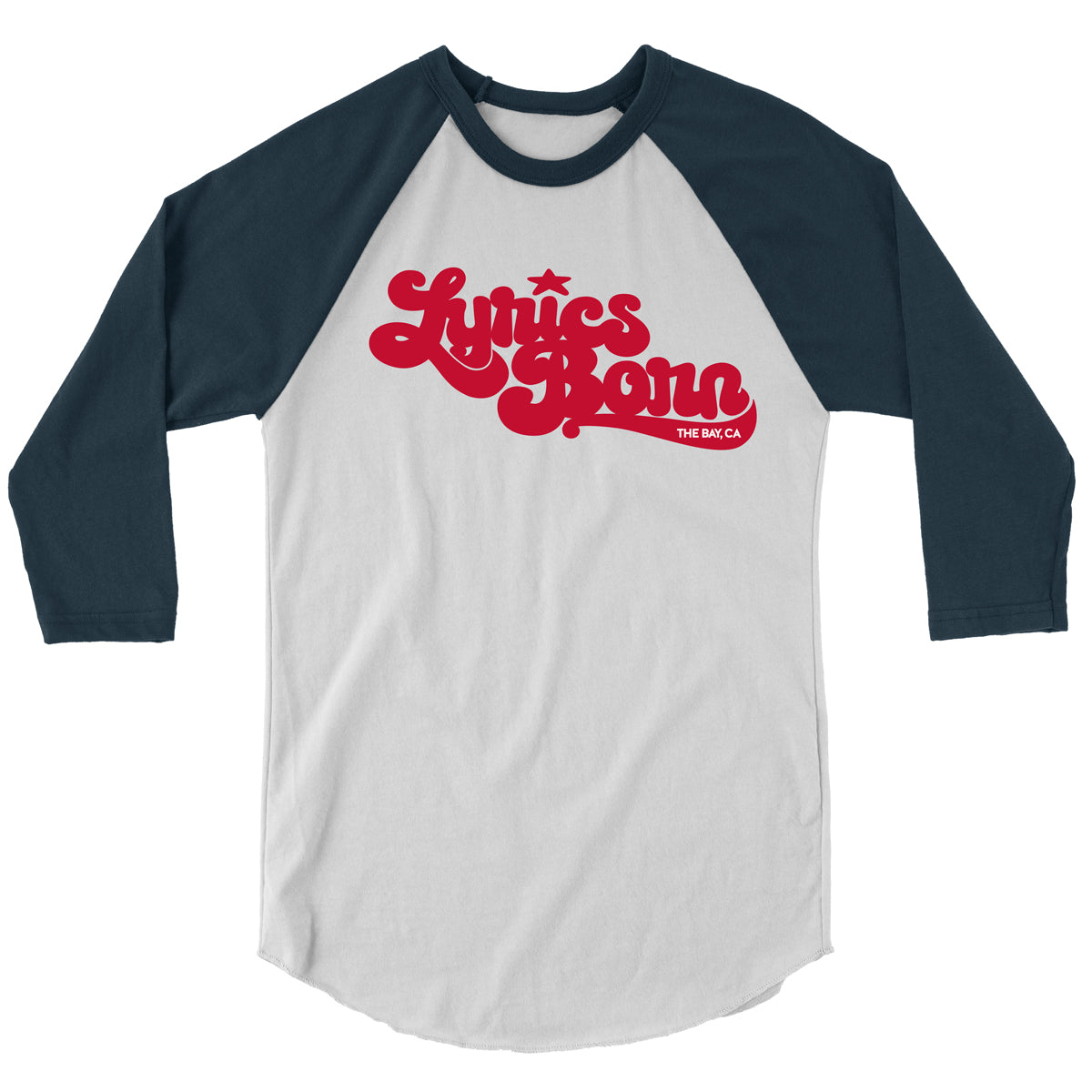 LB Monogram Unisex Baseball Tee with Navy Sleeves Lyrics Born